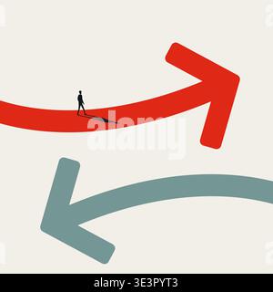 Businessman walking on upward red arrow. Minimal vector concept for right career choice, growth, and business success. Stock Vector