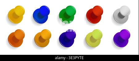 Office vector push pins set of shiny colorful plastic. Colored Thumbtack Office. Pins for pinning paper notes. Yellow, green, red, blue office pins. Stock Vector