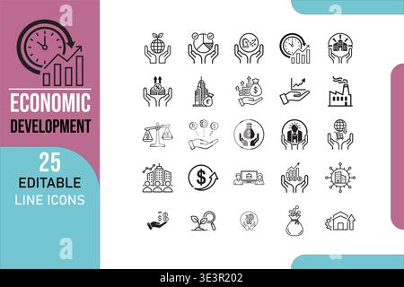 Collection of 25 editable line icons focused on economic development themes Stock Vector