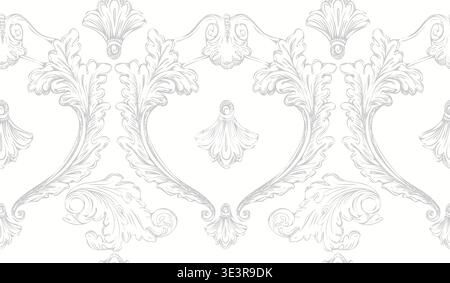 Seamless pattern with vintage floral baroque ornament in white and gray colors. Hand drawn decorative elements, vector illustration. Endless backgroun Stock Vector