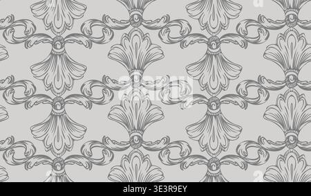 Seamless pattern with vintage ornate baroque ornament in monochrome gray colors. Hand drawn decorative elements, vector illustration. Endless backgrou Stock Vector