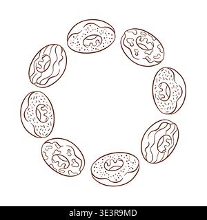 Wreath with assorted donut arranged in a decorative ring on a white background in line art style. Stock Vector