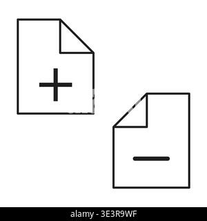 Add file icon. Remove document Vector. Paper sheet symbol. Plus minus sign. Manual vector only. No autotrace used. EPS 10. Stock Vector