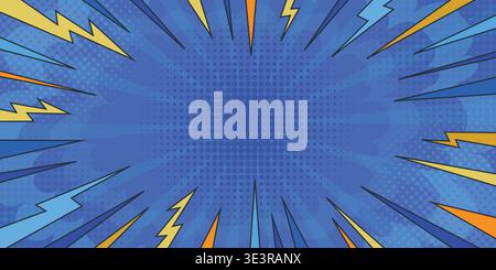Blue comic book explosion background with lightning, speed line and yellow thunder flash. Pop art burst dynamic backdrop with halftone. Vector Stock Vector