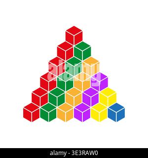 Isometric cube pyramid. Stacked block set. Colorful Vector structure. Geometric shape pile. Manual vector only. No autotrace used. Stock Vector
