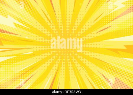Comic lightning burst background. Yellow pop art halftone radial thunder flash and rays texture. Comic bright explosion backdrop with copy space for Stock Vector