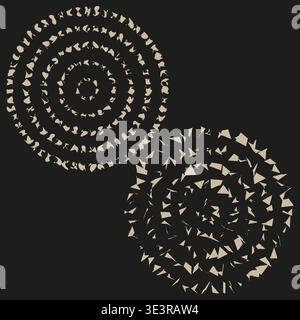 Circular pattern set. Beige textured element. Black background Vector. Abstract round shape. Manual vector only. No autotrace used. Stock Vector