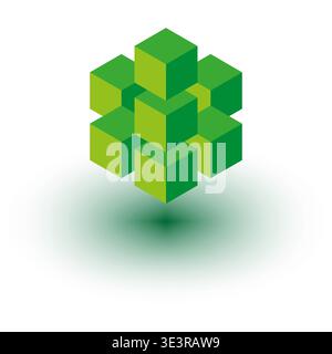 Isometric green cubes. Hexagonal block Vector. Modern 3d structure. Green geometric shape. Manual vector only. No autotrace used. Stock Vector