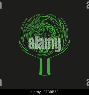 Green tree spiral. Abstract plant Vector. Swirl branch pattern. Dark background style. Manual vector only. No autotrace used. Stock Vector