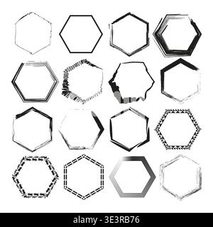Hexagonal frame set. Grungy border Vector. Brush stroke shape. Abstract geometric border. Manual vector only. No autotrace used Stock Vector