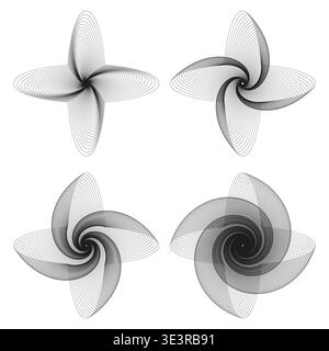 Spiral flower set. Curved line pattern. Floral shape Vector. Abstract petal ornament. Manual vector only. No autotrace used. Stock Vector