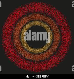 Stipple circle pattern. Red orange Vector. Gold spray ring. Black background focus. Manual vector only. No autotrace used. Stock Vector
