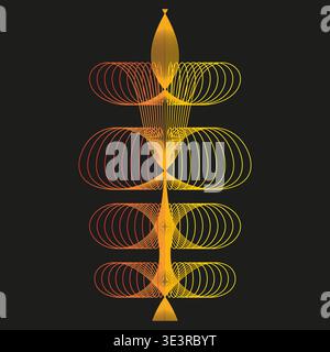 Abstract linear flower. Orange gradient Vector. Symmetric line art. Solid black background. Manual vector only. No autotrace used. Stock Vector