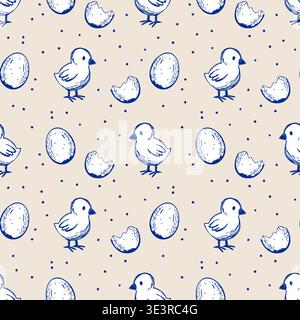 Farm Chick Eggs Seamless Pattern Chick Eggs Dots Chicken Animal Rustic Doodle Livestock Vector Stock Vector