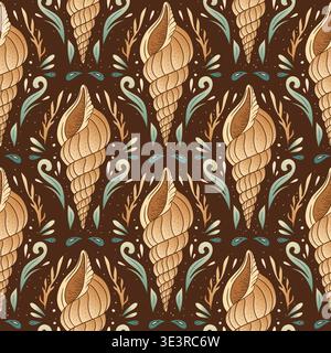 Vintage Boho Shell Seamless Pattern Seashell Ornamental Sea Motif Decorative Coastal Textile Vector Background Stock Vector