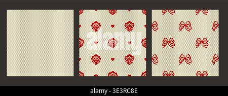 Lace Vintage Flower Heart Ribbon Bow Seamless Pattern Set Ornate Coquette Girly Vector Background For Greeting Card And Invitation. Retro Romantic Valentines Guipure Braid Romantic Textile Stock Vector