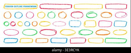 Crayon outline ovals, circles and ellipses set. Pencil hand drawn emphasis elements, freehand line art frames. Doodle style chalk sketches rough thin borders round shapes highlights handwritten frame Stock Vector