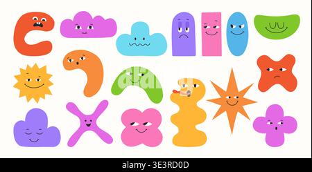 Abstract geometric characters set, colorful blob shapes and expressive comic childish faces. Playful figures with eyes, emotions quirky forms. Fun modern cartoon geometry smiling happy face elements Stock Vector