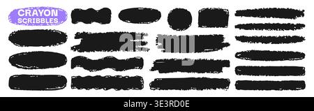 Crayon chalk background set hand drawn strokes, marker scribbles spots. Rough pencil brush textures abstract shapes. Grunge edges, playful children sketch style dynamic drawn round box banner for text Stock Vector