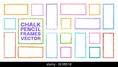 Chalk pencil frame set grunge hand drawn rectangles colored squares shapes. Rough crayon, brush strokes sketchy borders scribble boxes. Doodle frames with distressed texture and playful chalkboard Stock Vector