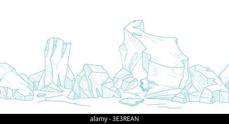 Iceberg on a seamless horizontal border, simple line drawing, hand sketch. Vector illustration. Arctic ice floes isolated on a white background. Not A Stock Vector