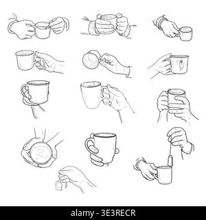 A hand holding a cup of coffee or hot tea, hand-drawn sketch. Vector illustration. Line drawing isolated on background. Concept for takeaway food and Stock Vector