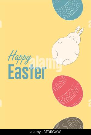 Happy Easter poster with with easter eggs and rabbit. Vector illustration for graphic design Stock Photo