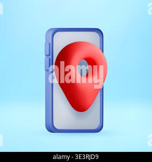3D Red map pin on mobile phone screen. Stock Vector