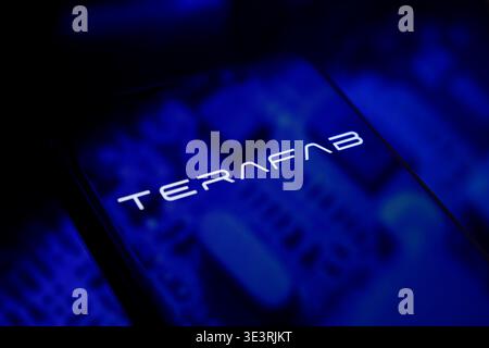 PARIS, FRANCE - MARCH 24, 2026: The Terafab logo is displayed on a smartphone screen placed on a reflective surface with blue light projections. Stock Photo