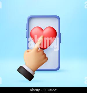 3D Hand touching red heart icon on mobile phone Stock Vector