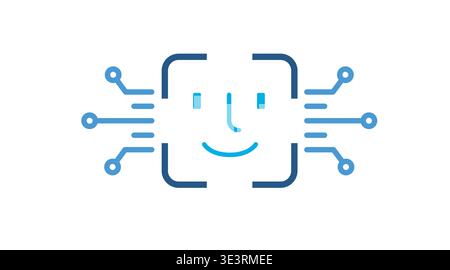Duotone blue icon of facial recognition technology with circuit connections. Stock Vector