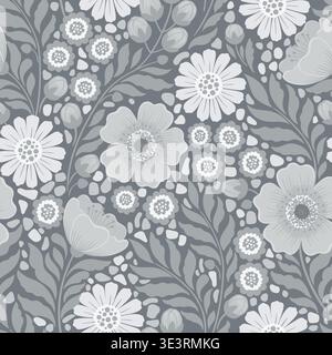Hand drawn seamless vintage floral pattern with leaves and flowers in shades of gray, silver, elegant botanical background with flowers and buds Stock Vector