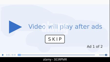 Skip the ads button. Video will play after advertisement. Online streaming advertising concept. Stock Vector