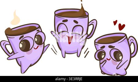 Cute cartoon cups with emotions, vector illustration. Stock Vector