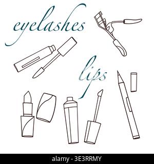 Set of contour images of beauty cosmetics for eyelashes and lips on a white background, vector illustration. Stock Vector