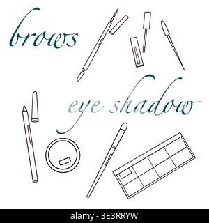 Set of contour images of cosmetic products for eyebrows and eyes, on a white background, vector illustration. Stock Vector