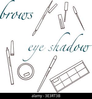 Set of contour images of cosmetic products for eyebrows and eyes, on a transparent background, vector illustration. Stock Vector