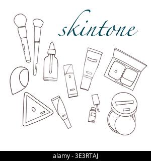 Skintone Beauty Cosmetics Outline Set Isolated on White Background, Makeup and Skincare Vector Stock Vector