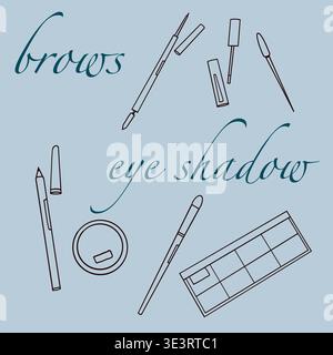 Set of contour images of cosmetic products for eyebrows and eyes, on a blue background, vector illustration. Stock Vector