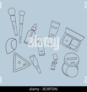 Beauty Cosmetics Outline Set on Blue Background, Makeup and Skincare Vector Illustration Stock Vector