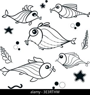 Cute cartoon fish in the sea, vector illustration in line art style Stock Vector