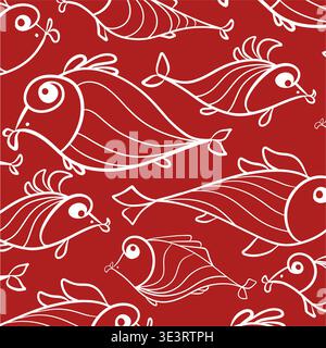 A cute cartoon fish on a red background, pattern, vector illustration in line art style Stock Vector