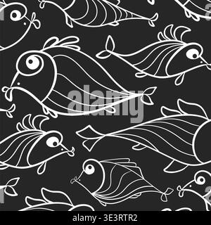 A cute cartoon fish on a black background, pattern, vector illustration in line art style Stock Vector