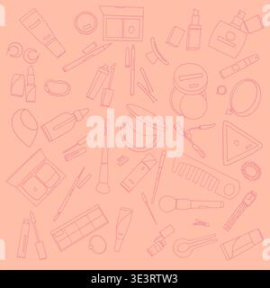 Beauty Cosmetics Outline Seamless Pattern on Peach Background, Makeup Tools Vector Illustration Stock Vector