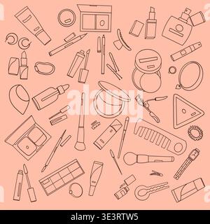 Beauty Cosmetics Outline Seamless Pattern on Peach Background, Makeup Tools Vector Illustration Stock Vector