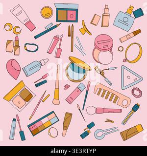Seamless pattern on cosmetics and makeup theme, pink background with makeup tools, vector illustration of makeup products. Stock Vector