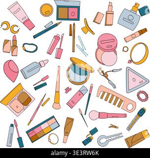 Beauty Cosmetics Seamless Pattern on a transparent background, Makeup Tools Background, Skincare and Makeup Vector Illustration Stock Vector