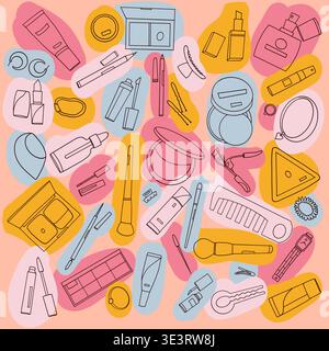 Beauty Cosmetics Outline Seamless Pattern on Peach Background, Makeup Tools Vector Illustration Stock Vector