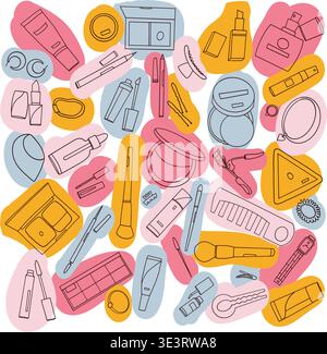 Beauty Cosmetics Outline Seamless Pattern on transparent Background, Makeup Tools Vector Illustration Stock Vector