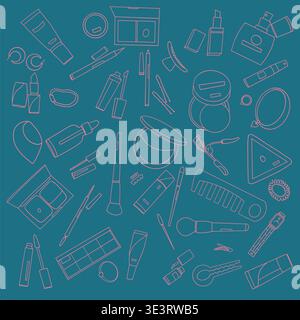 Seamless contour pattern of cosmetics on blue background, vector illustration of makeup tools. Stock Vector